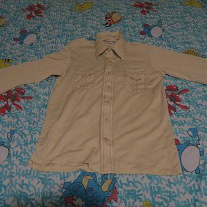 Vintage 1970s Philippe Venet Men's Button Up Polyester Shirt Disco Large Beige
